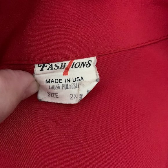 Vintage 80s Button Up Secretary Blouse L Red Long Sleeve Tie Bow Layered Collar - Picture 7 of 7